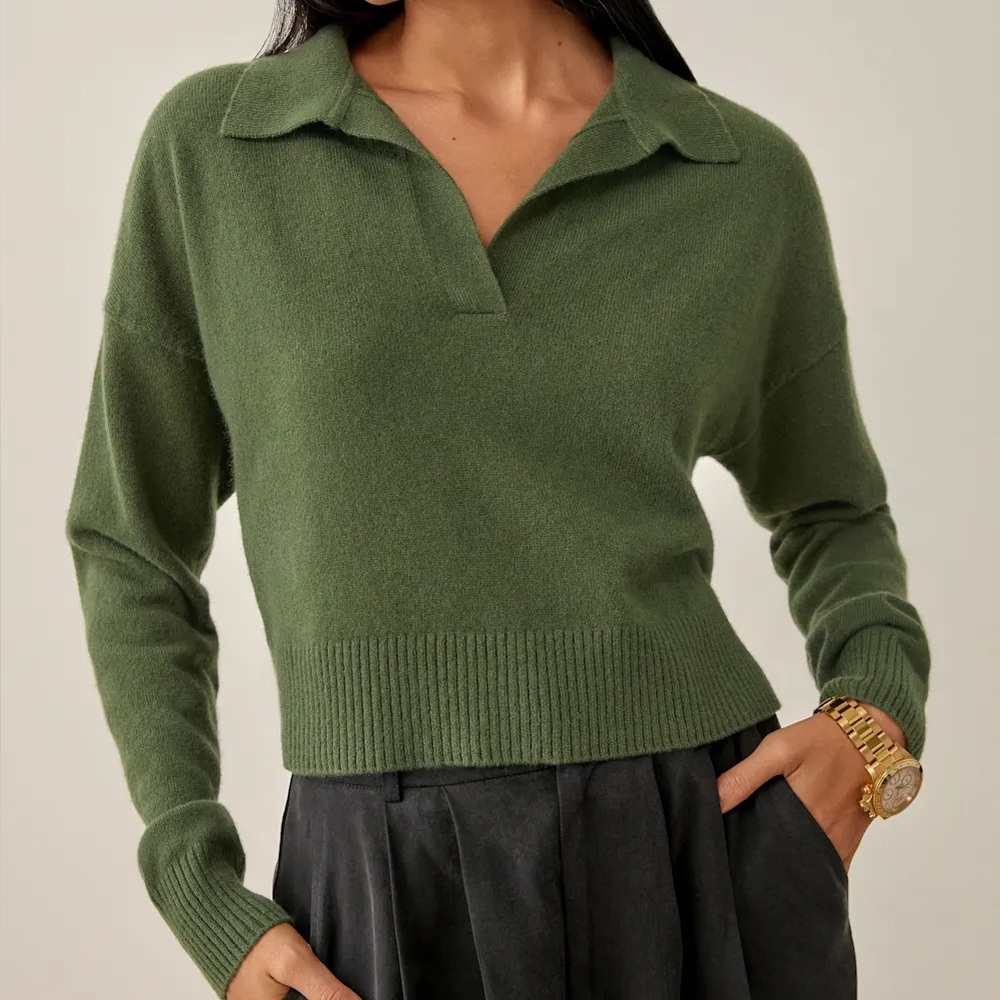 Reformation Cashmere Polo Sweater Olive - Size XS